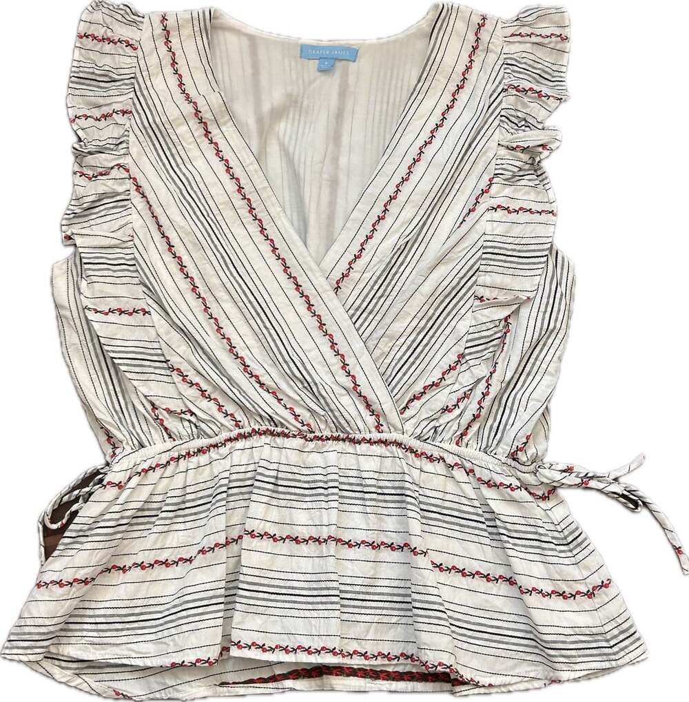 Draper James Smocked White Stripe Cherry Embroidered Peplum Blouse NWOT coquette